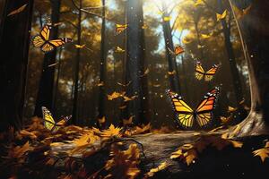 ai generado grande grupo de estilizado amarillo monarca mariposas volador en un natural bosque ambiente, ai generado foto