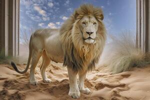 AI generated Male Lion in an abandoned house in a desert ghost town, Africa, AI generated photo