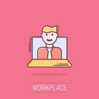 People with laptop computer icon in comic style. Pc user cartoon vector illustration on isolated background. Office manager splash effect business concept.