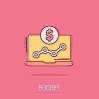 Laptop computer chart icon in comic style. Money diagram cartoon vector illustration on isolated background. Financial process splash effect business concept.