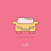 coche icono en cómic estilo. automóvil vehículo dibujos animados vector ilustración en aislado antecedentes. sedán chapoteo efecto negocio concepto.