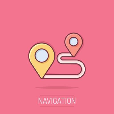 Map pin icon in comic style. GPS navigation cartoon vector illustration on isolated background. Locate position splash effect business concept.