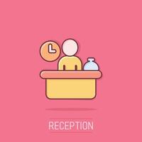 Check in reception icon in comic style. Booking service cartoon vector illustration on isolated background. Hotel reservation splash effect business concept.