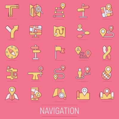 Navigation icon set in comic style. Gps direction cartoon vector illustration on isolated background. Locate pin position splash effect business concept.