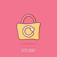 Eco bag icon in comic style. Ecobag cartoon vector illustration on isolated background. Reusable shopper splash effect sign business concept.