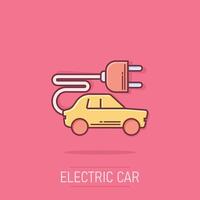 eléctrico coche icono en cómic estilo. electro auto dibujos animados vector ilustración en aislado antecedentes. ecología transporte chapoteo efecto negocio concepto.
