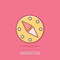 Compass icon in comic style. Navigation equipment cartoon vector illustration on isolated background. Journey direction splash effect business concept.