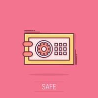 Safe money icon in comic style. Strongbox cartoon vector illustration on isolated background. Finance security splash effect business concept.