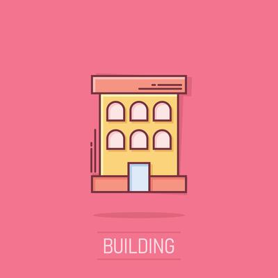 Building icon in comic style. Town skyscraper apartment cartoon vector illustration on isolated background. City tower splash effect business concept.