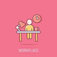 People with table lamp and clock icon in comic style. Coworking space cartoon vector illustration on isolated background. Freelancer workplace splash effect business concept.