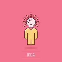 People with bulb icon in comic style. idea cartoon vector collection illustration on isolated background. Brain mind splash effect business concept.