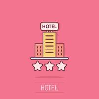 hotel 3 estrellas firmar icono en cómic estilo. Posada edificio dibujos animados vector ilustración en aislado antecedentes. Hostal habitación chapoteo efecto negocio concepto.