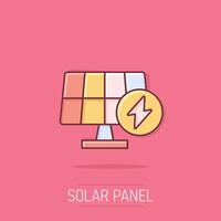 Solar panel icon in comic style. Ecology energy cartoon vector illustration on isolated background. Electrician splash effect sign business concept.