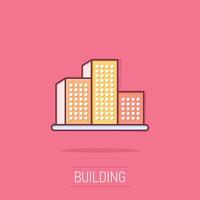 Building icon in comic style. Town skyscraper apartment cartoon vector illustration on isolated background. City tower splash effect business concept.