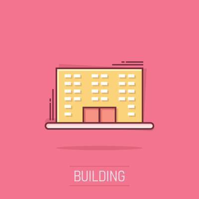 Building icon in comic style. Town skyscraper apartment cartoon vector illustration on isolated background. City tower splash effect business concept.