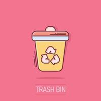 Garbage bin icon in comic style. Recycle cartoon vector illustration on isolated background. Trash basket splash effect sign business concept.