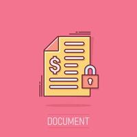 Financial statement icon in comic style. Document with lock cartoon vector illustration on isolated background. Report splash effect business concept.