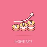 Income rate increase icon in comic style. Finance performance cartoon vector illustration on isolated background. Coin with growth arrow splash effect business concept.