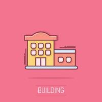 Building icon in comic style. Town skyscraper apartment cartoon vector illustration on isolated background. City tower splash effect business concept.