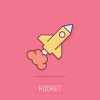 Rocket icon in comic style. Spaceship launch cartoon vector illustration on isolated background. Sputnik splash effect business concept.