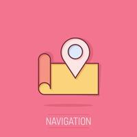 Map pin icon in comic style. GPS navigation cartoon vector illustration on isolated background. Locate position splash effect business concept.