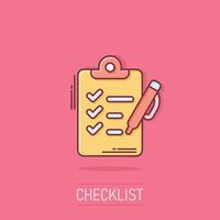 To do list icon in comic style. Document checklist cartoon vector illustration on isolated background. Notepad check mark splash effect business concept.