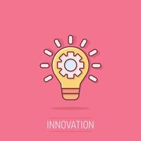 Innovation icon in comic style. Lightbulb with cogwheel cartoon vector illustration on isolated background. Idea splash effect business concept.