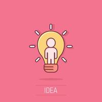 People with bulb icon in comic style. idea cartoon vector collection illustration on isolated background. Brain mind splash effect business concept.