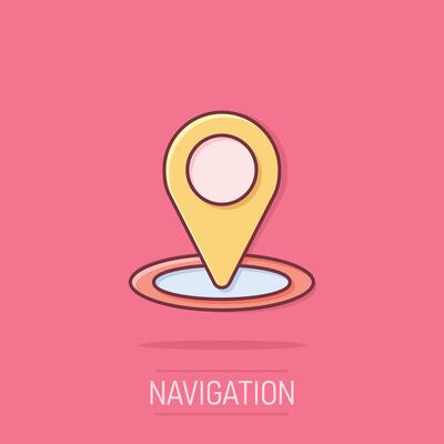 Map pin icon in comic style. Gps navigation cartoon vector illustration on isolated background. Locate position splash effect business concept.