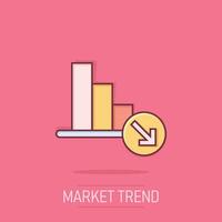 Market trend icon in comic style. Decline arrow with magnifier cartoon vector illustration on isolated background. Decrease splash effect business concept.