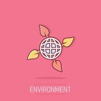 Planet and leaf icon in comic style. World and eco cartoon vector illustration on isolated background. Globe and organic splash effect business concept.