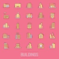 Building icon set in comic style. Town skyscraper apartment cartoon vector illustration on isolated background. City tower splash effect business concept.