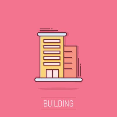 Building icon in comic style. Town skyscraper apartment cartoon vector illustration on isolated background. City tower splash effect business concept.