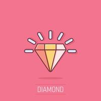 Diamond gem icon in comic style. Gemstone cartoon vector illustration on isolated background. Jewelry brilliant splash effect business concept.