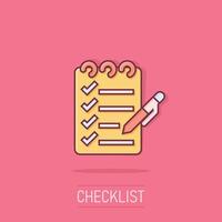 To do list icon in comic style. Document checklist cartoon vector illustration on isolated background. Notepad check mark splash effect business concept.