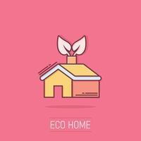 Ecology home icon in comic style. House with leaf cartoon vector illustration on isolated background. Botanical building splash effect sign business concept.