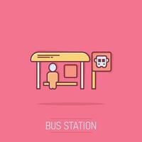 Bus station icon in comic style. Auto stop cartoon vector illustration on isolated background. Autobus vehicle splash effect business concept.