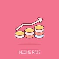 Income rate increase icon in comic style. Finance performance cartoon vector illustration on isolated background. Coin with growth arrow splash effect business concept.