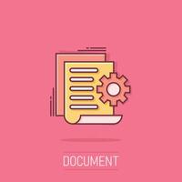 Document with gear icon in comic style. Big data processing cartoon vector illustration on isolated background. Paper sheet software solution splash effect business concept.