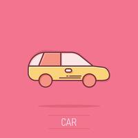 coche icono en cómic estilo. automóvil vehículo dibujos animados vector ilustración en aislado antecedentes. sedán chapoteo efecto negocio concepto.