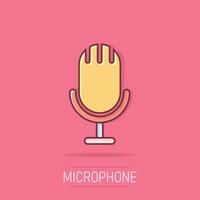 Microphone icon in comic style. Studio mike cartoon vector illustration on isolated background. Audio record splash effect business concept.