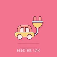 Electric car icon in comic style. Electro auto cartoon vector illustration on isolated background. Ecology transport splash effect business concept.