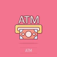 Money ATM icon in comic style. Exchange cash cartoon vector illustration on isolated background. Banknote bill splash effect business concept.