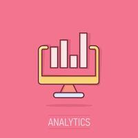 Website analytics icon in comic style. SEO data cartoon vector illustration on isolated background. Computer diagram splash effect business concept.