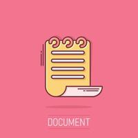 Document book icon in comic style. Paper sheet cartoon vector illustration on isolated background. Notepad document splash effect business concept.
