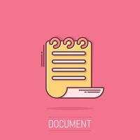 Document book icon in comic style. Paper sheet cartoon vector illustration on isolated background. Notepad document splash effect business concept.