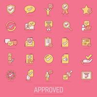 Approve icon set in comic style. Check mark cartoon vector illustration on isolated background. Tick accepted splash effect business concept.