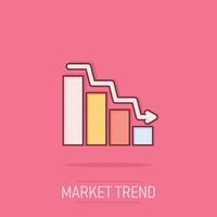 Market trend icon in comic style. Decline arrow with magnifier cartoon vector illustration on isolated background. Decrease splash effect business concept.