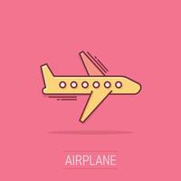 Plane icon in comic style. Airplane cartoon vector illustration on isolated background. Flight airliner splash effect business concept.