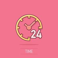 Clock 24 7 icon in comic style. Watch cartoon vector illustration on isolated background. Timer splash effect business concept.